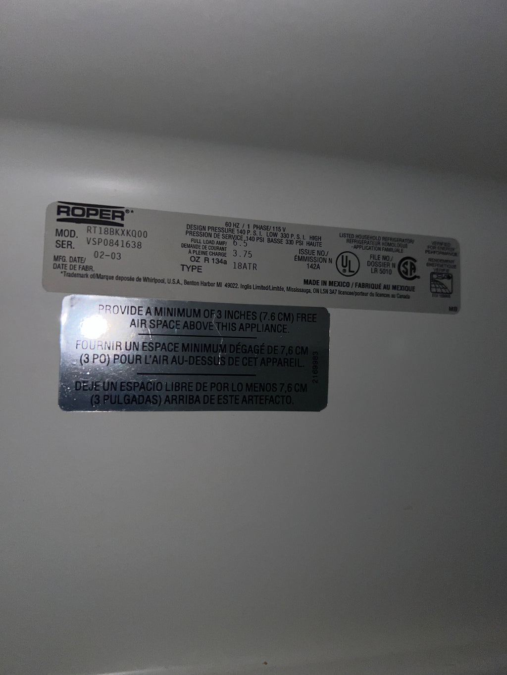 Used Roper Refigerator/Freezer (White)