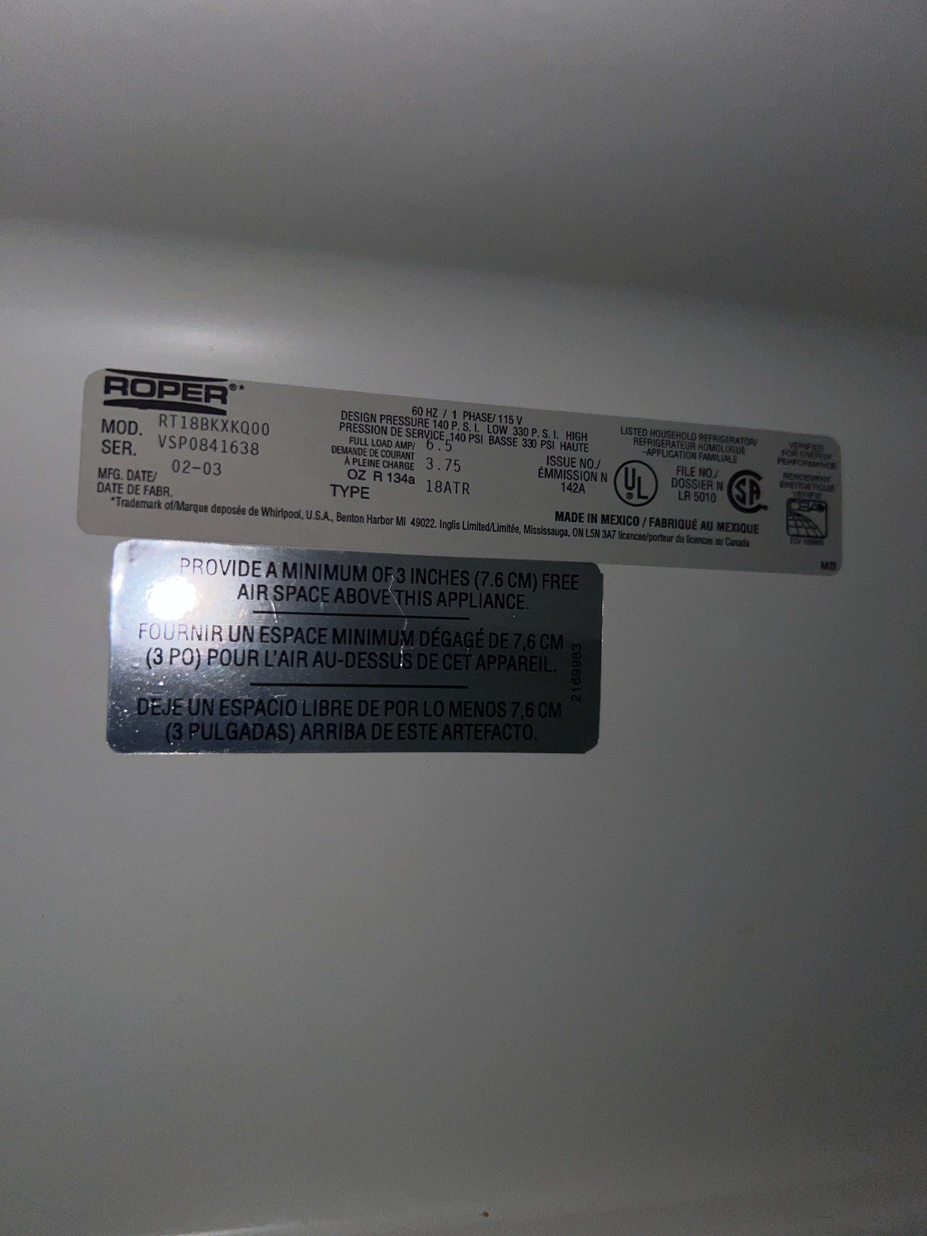 Used Roper Refigerator/Freezer (White)