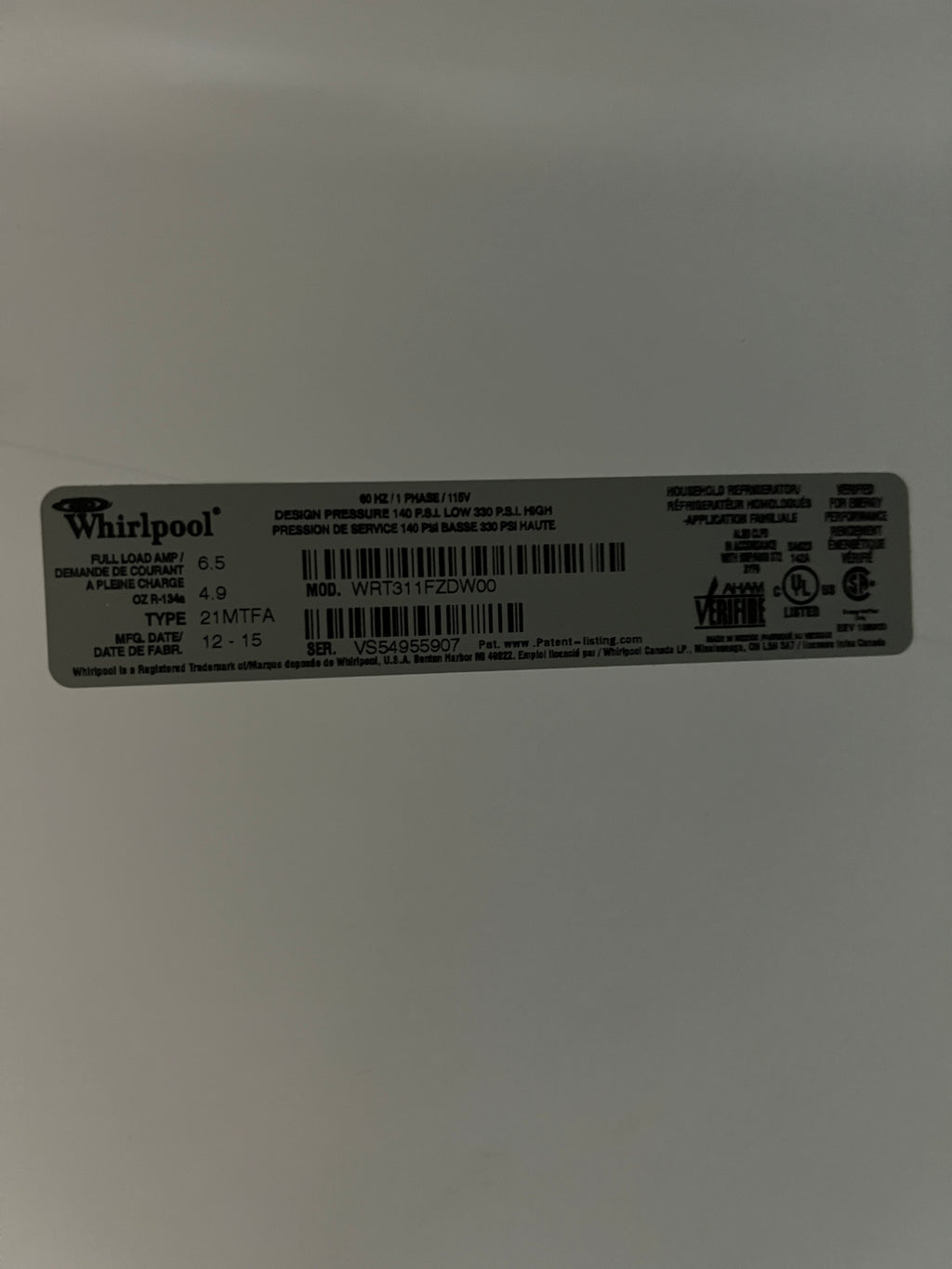Used Whirlpool Refrigerator/Freezer (White)