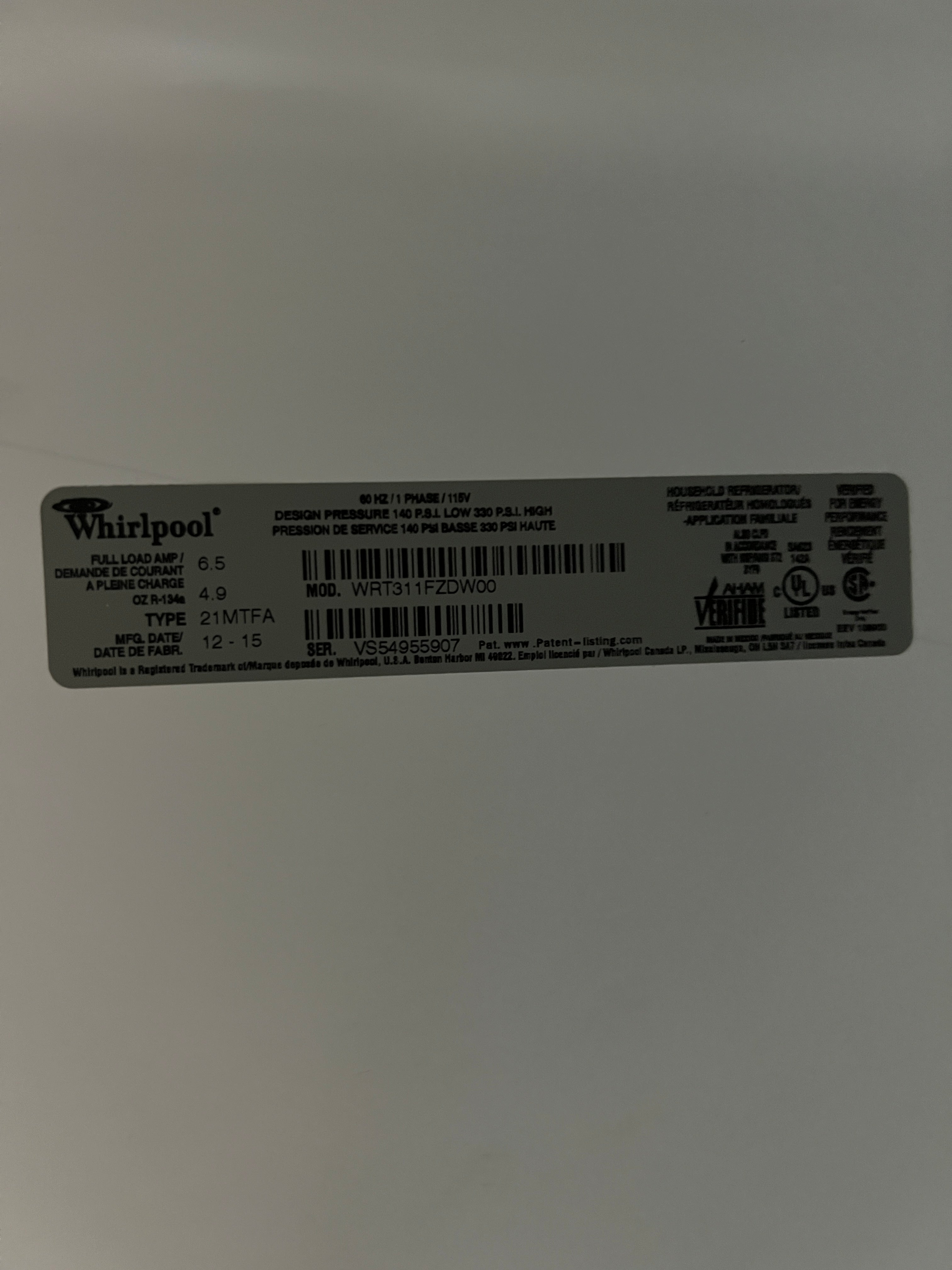 Used Whirlpool Refrigerator/Freezer (White)