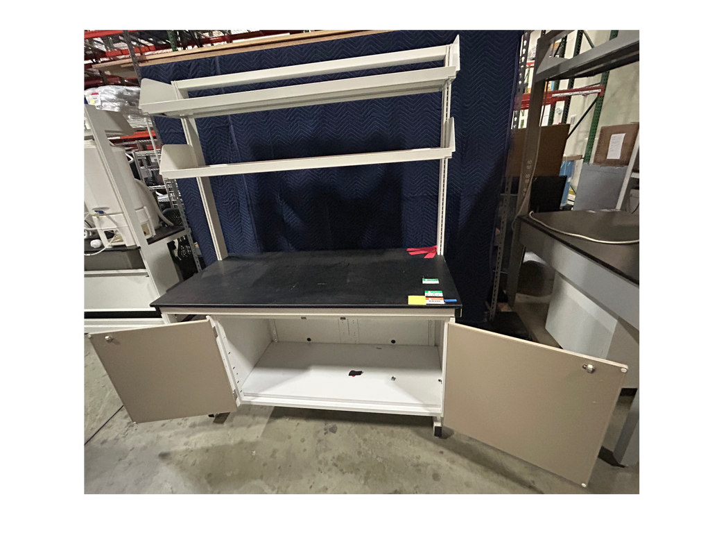 Used Lab/Work Bench With 2 High Shelves And 1 Cabinet