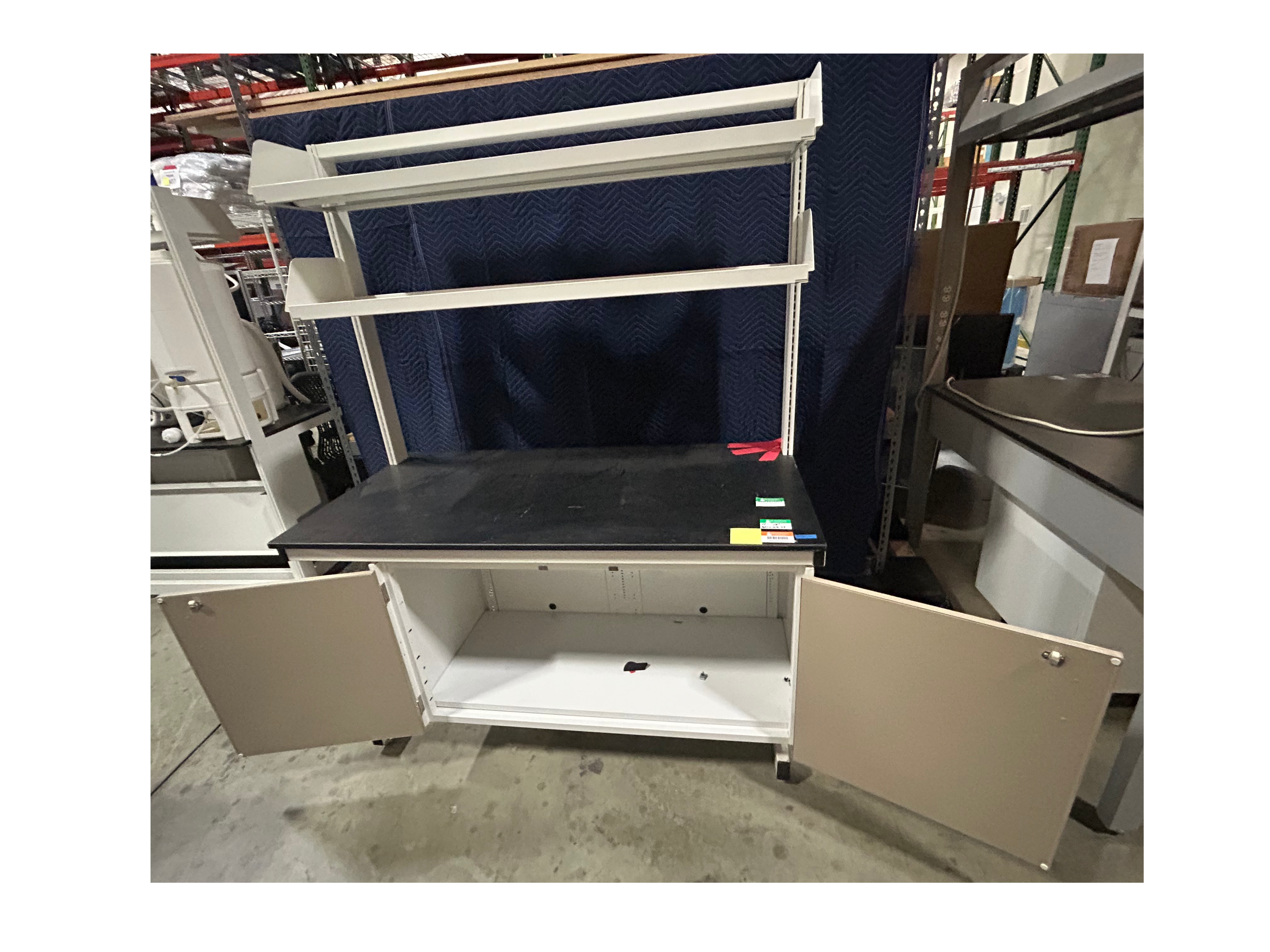 Used Lab/Work Bench With 2 High Shelves And 1 Cabinet